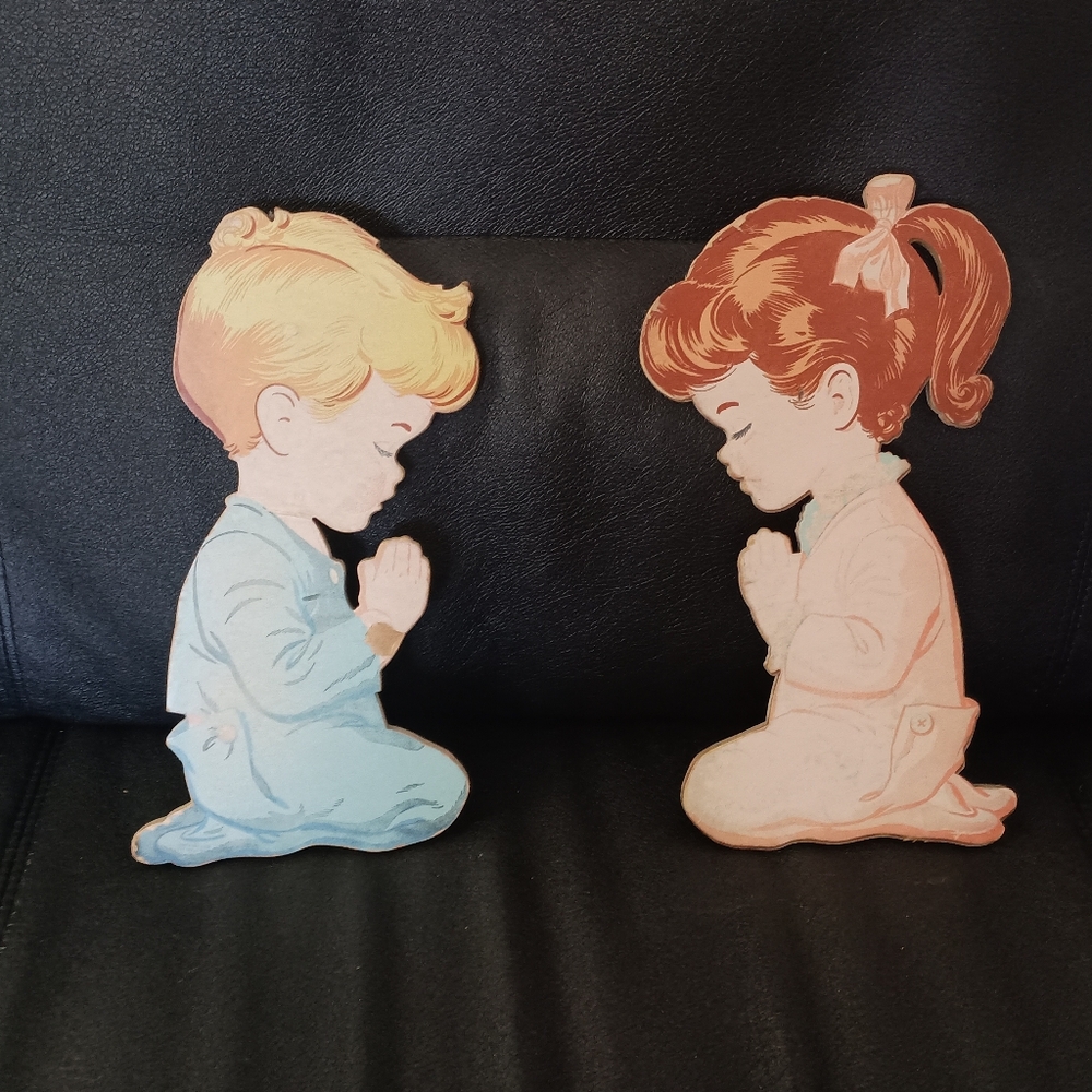 3/$10 🌟 Vintage Praying Children Boy & Girl Wooden Wall Art